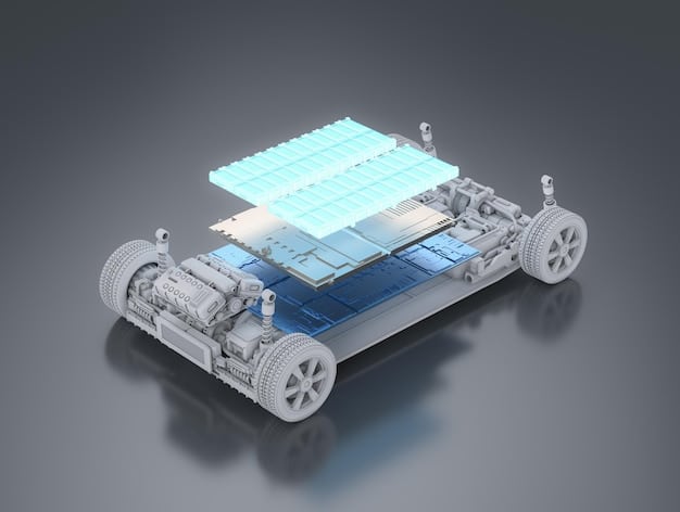 A highly detailed rendering of an electric vehicle battery pack, highlighting individual cell modules and cooling systems, set against a backdrop of a modern, automated assembly line, symbolizing advanced manufacturing and energy storage.