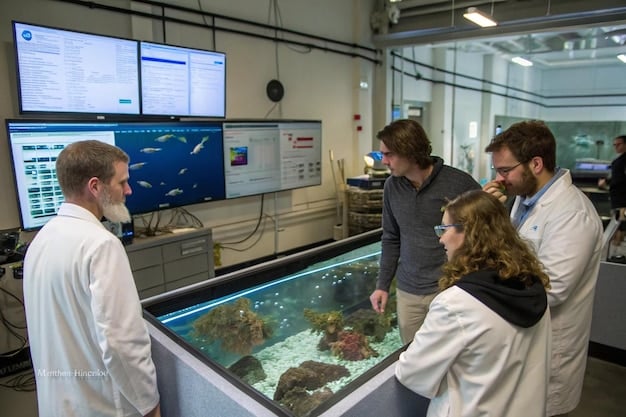 Scientists in a laboratory analyzing climate data with advanced instruments, symbolizing scientific collaboration and technological innovation in climate research.