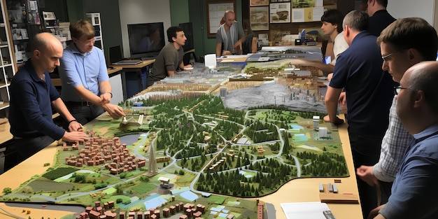 A diverse group of state government officials and climate scientists collaborating around a large digital map showing vulnerable coastal areas and proposed infrastructure resilience projects.
