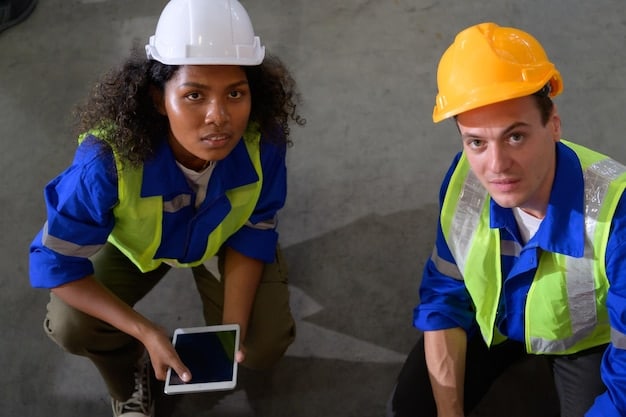 A group of engineers and technicians wearing hard hats, looking at a digital tablet displaying methane emission data within an industrial setting, symbolizing collaboration and technological adoption for compliance.