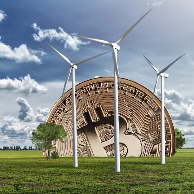 A stack of coins with a carbon footprint symbol on the top coin, representing a carbon tax, against a backdrop of green energy infrastructure like wind turbines.