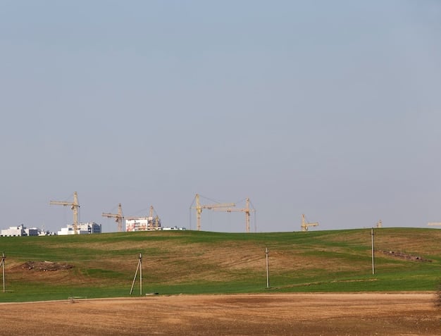 A depiction of a modern wind farm with solar panels in the foreground, demonstrating renewable energy infrastructure. The background shows a clear blue sky over American landscape, symbolizing energy transition efforts.
