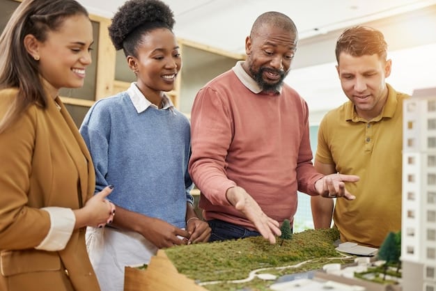 A diverse group of people from different sectors (policymakers, scientists, farmers, urban planners) collaborating around a holographic projection of global climate data, symbolizing multi-sectoral cooperation and planning.