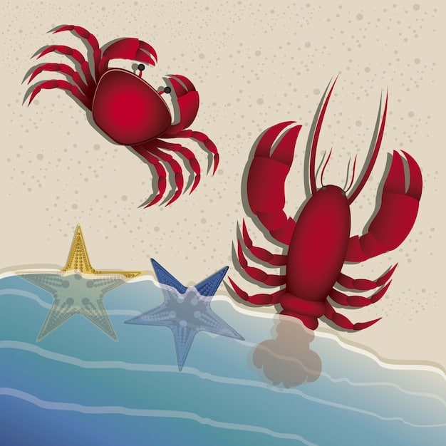 A detailed illustration showing various marine species like crabs, fish, and birds struggling due to habitat degradation and rising water levels, with a focus on a dying coral reef and submerged seagrass beds.