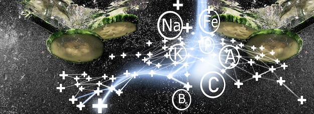 A highly detailed scientific illustration showing the chemical reaction of CO2 in seawater, with arrows indicating the formation of carbonic acid and its dissociation into hydrogen and bicarbonate ions, and the subsequent reduction of carbonate ions.