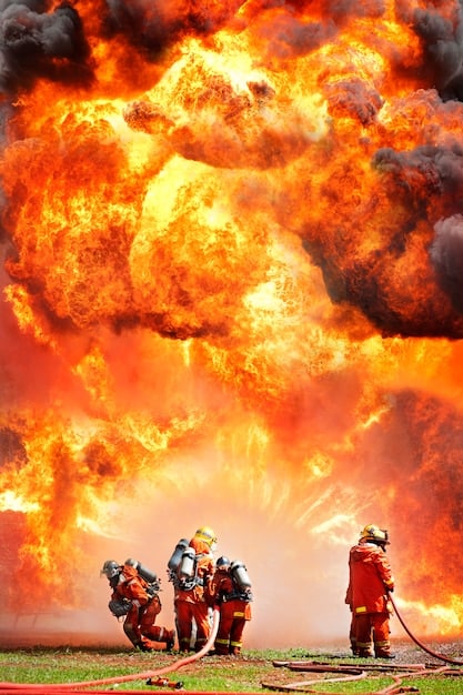 Firefighters bravely battling a wildfire with hoses and protective gear, amidst smoke and flames.