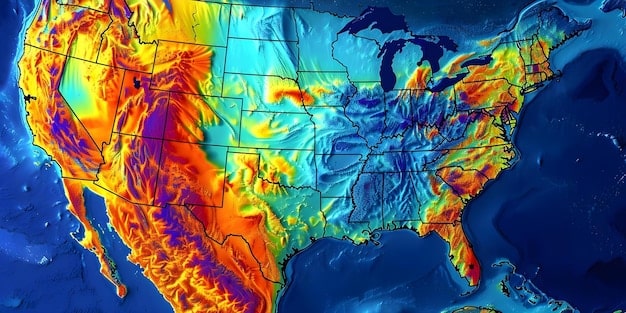 A map of the US showing increasing temperatures and projected hotspots for heat-related illnesses and poor air quality, with small icons representing respiratory distress.