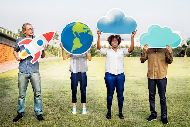 A diverse group of people engaged in community action related to climate resilience, with green infrastructure visible in the background, signaling community-led solutions.