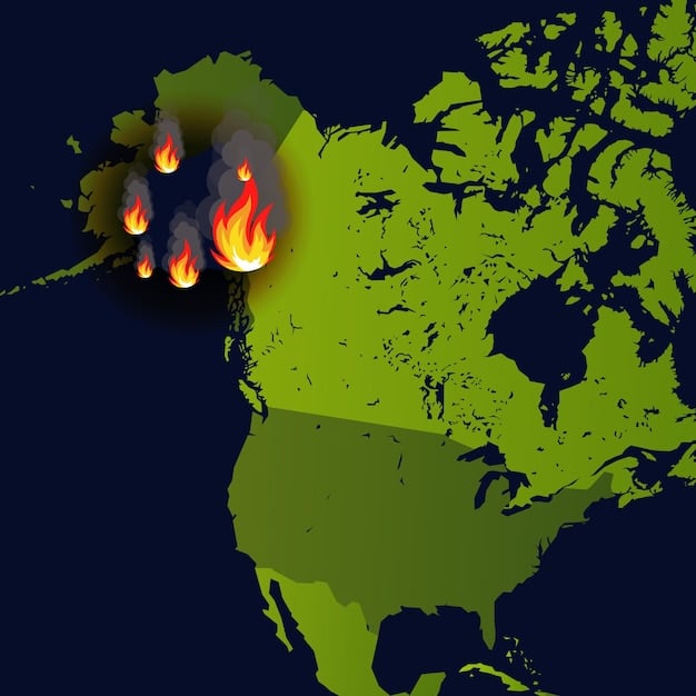 A stylized map showing wildfire risk areas highlighted with different colors. Overlaid are data points representing temperature, humidity, and wind patterns, indicating a sophisticated predictive model.