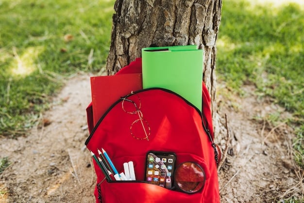 A neatly organized emergency backpack open on a table, displaying a first aid kit, water bottles, and shelf-stable food packets.