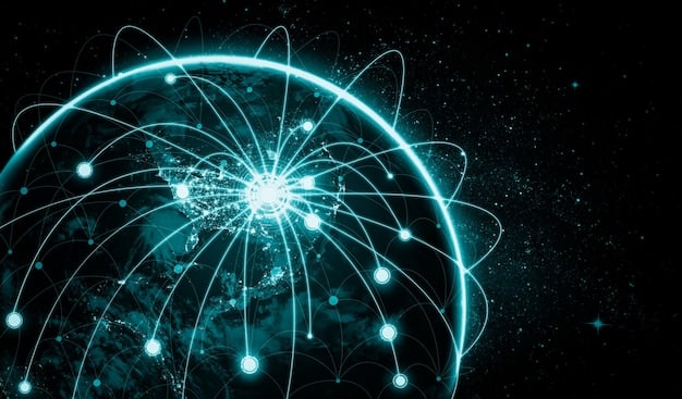 A network of interconnected small satellites orbiting Earth, depicted with beams of data flowing to ground stations. The Earth below shows various weather systems forming, highlighting the global reach and detailed observation capabilities.