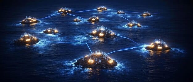 A network of advanced oceanographic buoys floating on the ocean surface, with some shown deploying underwater sensors. The scene conveys a sense of scientific monitoring in a vast marine environment, highlighting data collection.