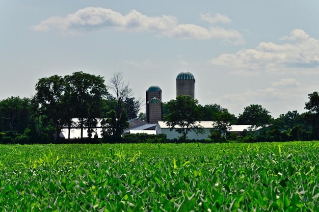 Wide shot of a thriving agroecological farm, showcasing diverse crops interplanted, possibly with pasturing animals in the background, embodying sustainable and resilient farming.