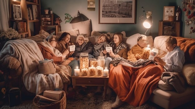 A family gathered in a cozy living room, bundled in blankets, with warm drinks, looking at a board game or book. A window shows a snowy landscape outside, emphasizing warmth and safety within during extreme cold.