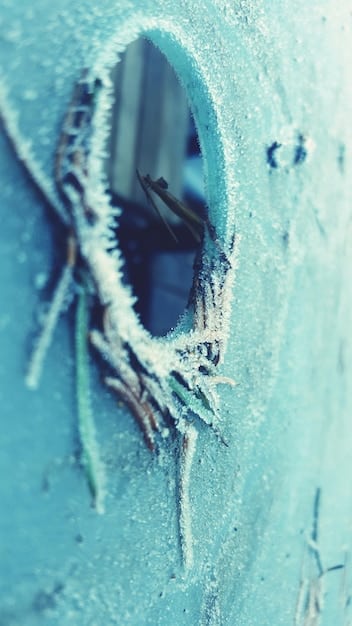 A detailed close-up of a frozen water pipe with a small crack, showing icicles forming. This image illustrates the potential damage caused by extreme cold to home infrastructure.