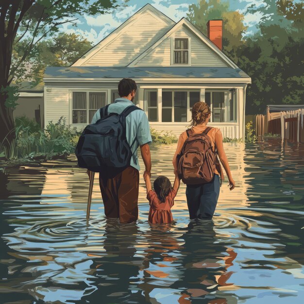A family standing on a porch looking at rising floodwaters surrounding their house, appearing worried but prepared.