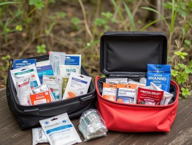 A well-organized pet emergency kit with food, water, a leash, medication, and a first-aid kit visible, ready for quick grab.