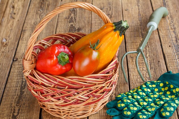 A close-up of various freshly harvested organic vegetables artfully arranged in a rustic wooden basket. Includes vibrant green spinach, red tomatoes, yellow squash, and purple eggplants, all looking plump and healthy.