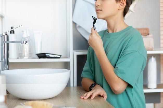 A close-up of a person turning off a running faucet while brushing their teeth, emphasizing conscious water-saving habits in the bathroom.