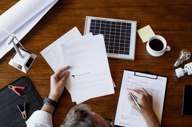 A close-up of a hand filling out tax forms with a small solar panel model sitting on the desk next to a calculator. The scene should be well-lit, professional, and slightly academic.
