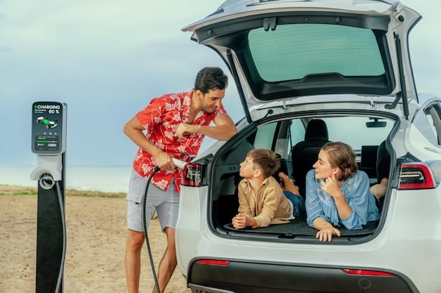 A family packing an electric SUV for a road trip, with a charging cable visibly connected at a home charging station, depicting convenience and readiness for travel.