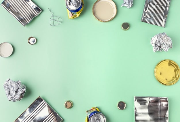 A detailed flat lay of various sorted household waste items on a clean surface, including recyclable plastics, glass bottles, cardboard, food scraps, and general waste, demonstrating the process of a home waste audit.