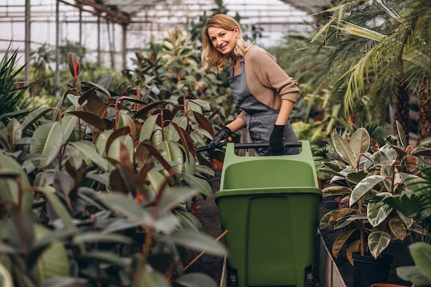 A person tending to a garden, showcasing a compost bin in the background, surrounded by lush, healthy plants, emphasizing organic practices.