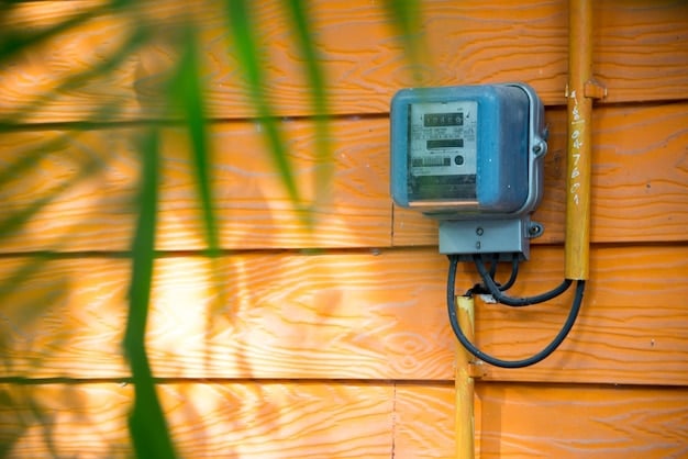 A close-up of a household water meter and an electricity meter, with solar panels visible in the background, symbolizing energy savings and reduced utility bills.