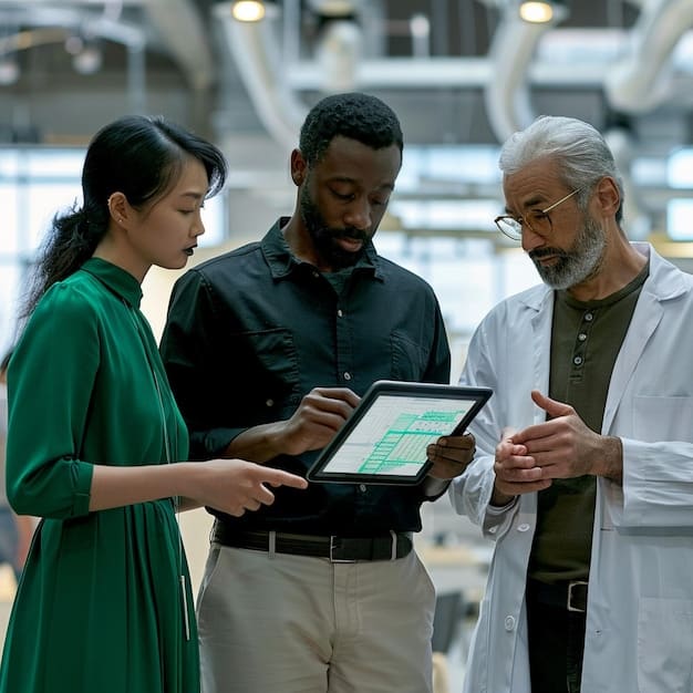 A diverse group of scientists and engineers working collaboratively in a modern, sustainable laboratory, surrounded by renewable energy models and data visualizations.