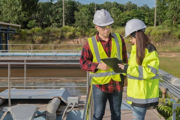 Engineers in hard hats and safety vests discussing blueprints at an industrial site next to a water treatment facility, demonstrating collaborative planning for environmental compliance.