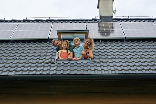 A family smiling and looking up at solar panels on their roof, with a clear blue sky, illustrating happiness and security derived from sustainable energy solutions.